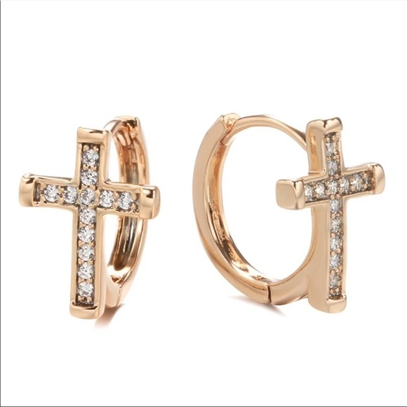 ROSE gold micro pave cross hoop earrings - Picture 6 of 9
